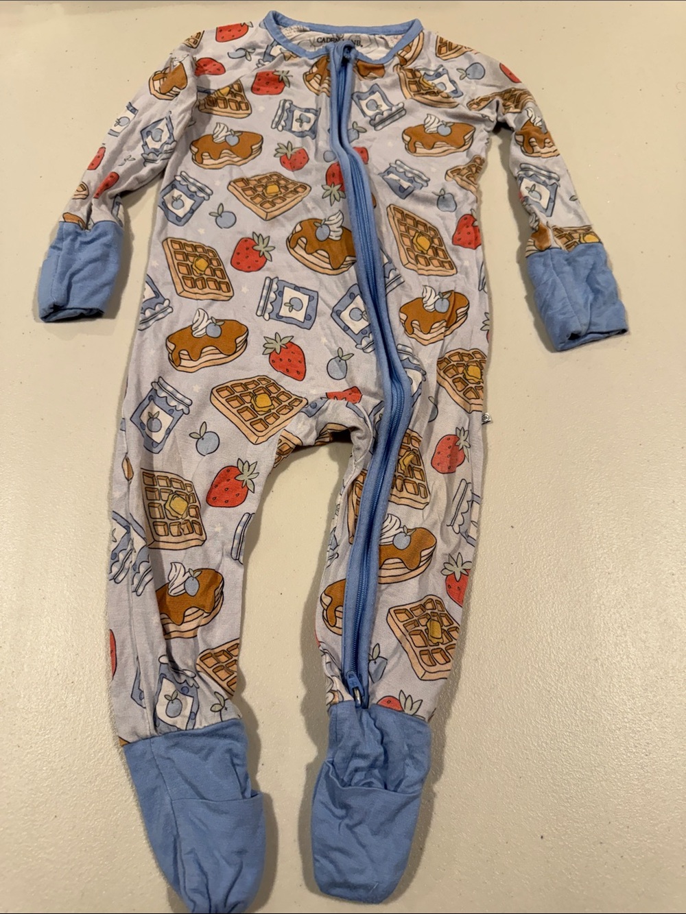 Caden Lane Blue-Trim Breakfast Print Baby Footie